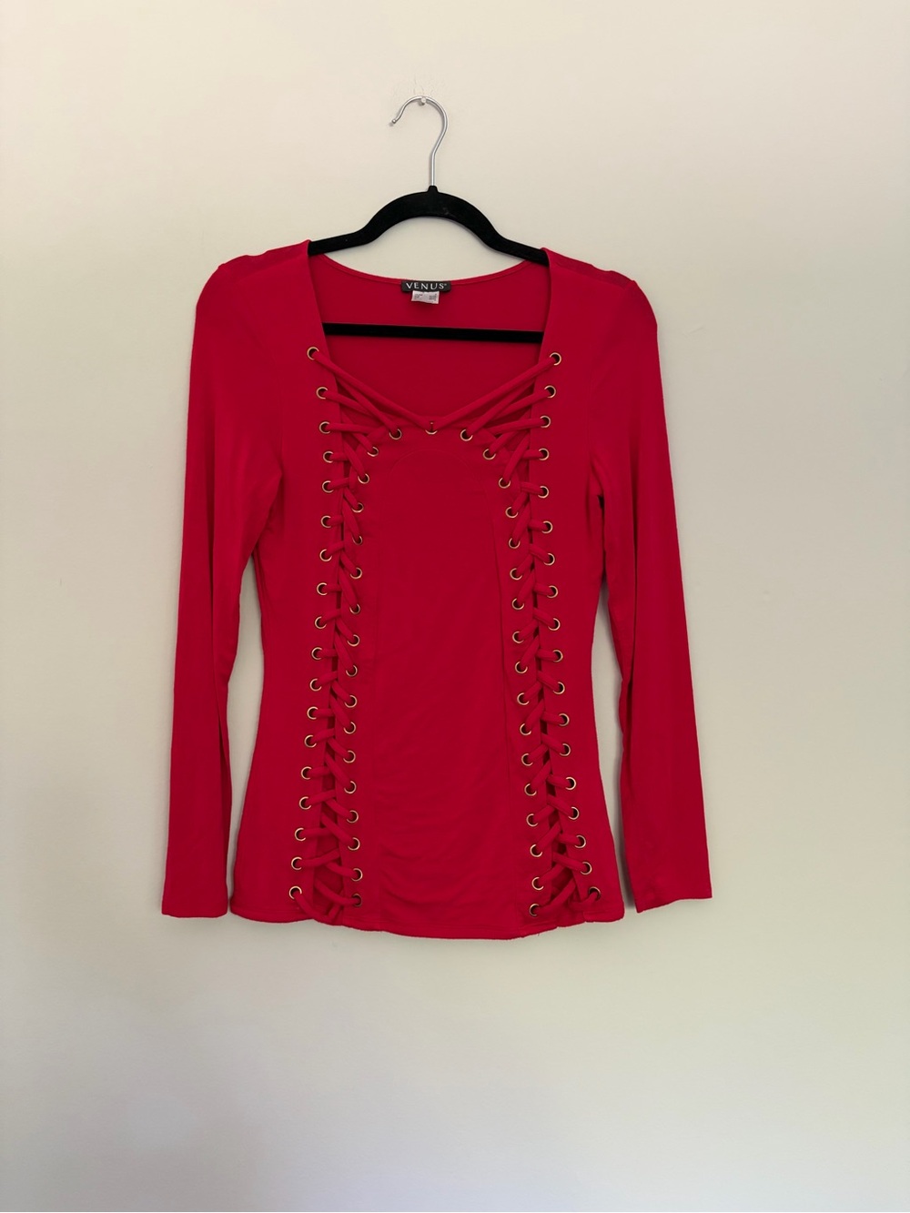 Venus Red Lace-Up Grommet Long Sleeve Top - Size Small